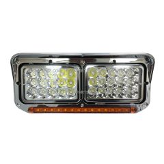 LED Headlights with Bezel and 12" Amber/Amber LED Light Strip Chrome - Passenger Side (Fit: Kenworth T400 T600 T800 W900B W900L Classic 120/132, Peterbilt 378 379 & Western Star 4900 Trucks)